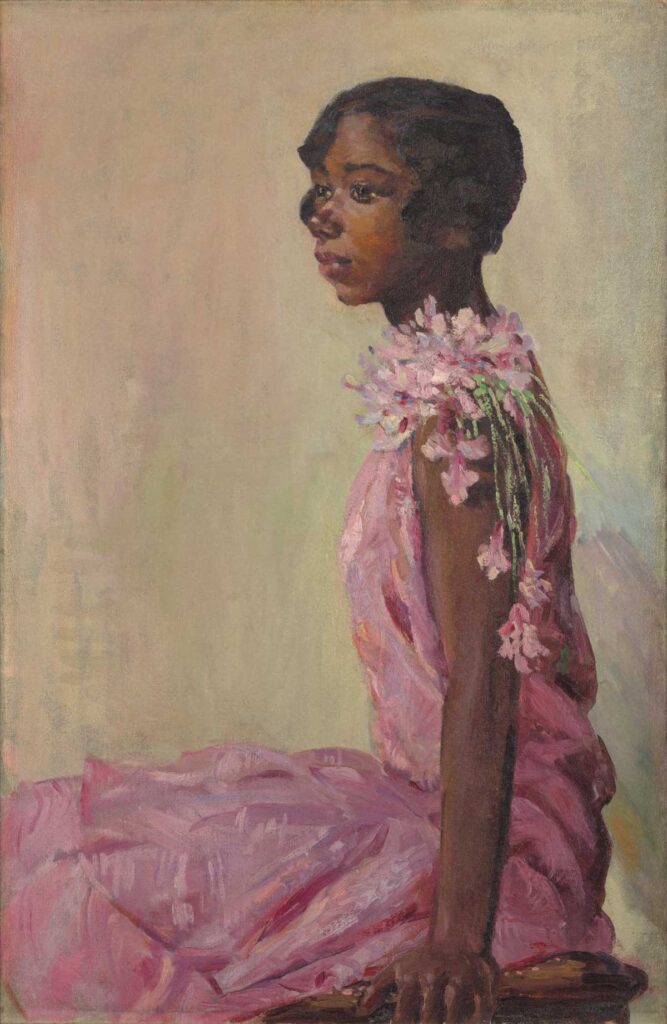 free vintage portrait painting of a black woman in a pink dress for use as free printable wall art
