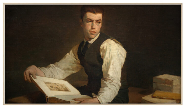 Dark Academia painting of a male student surrounded by books