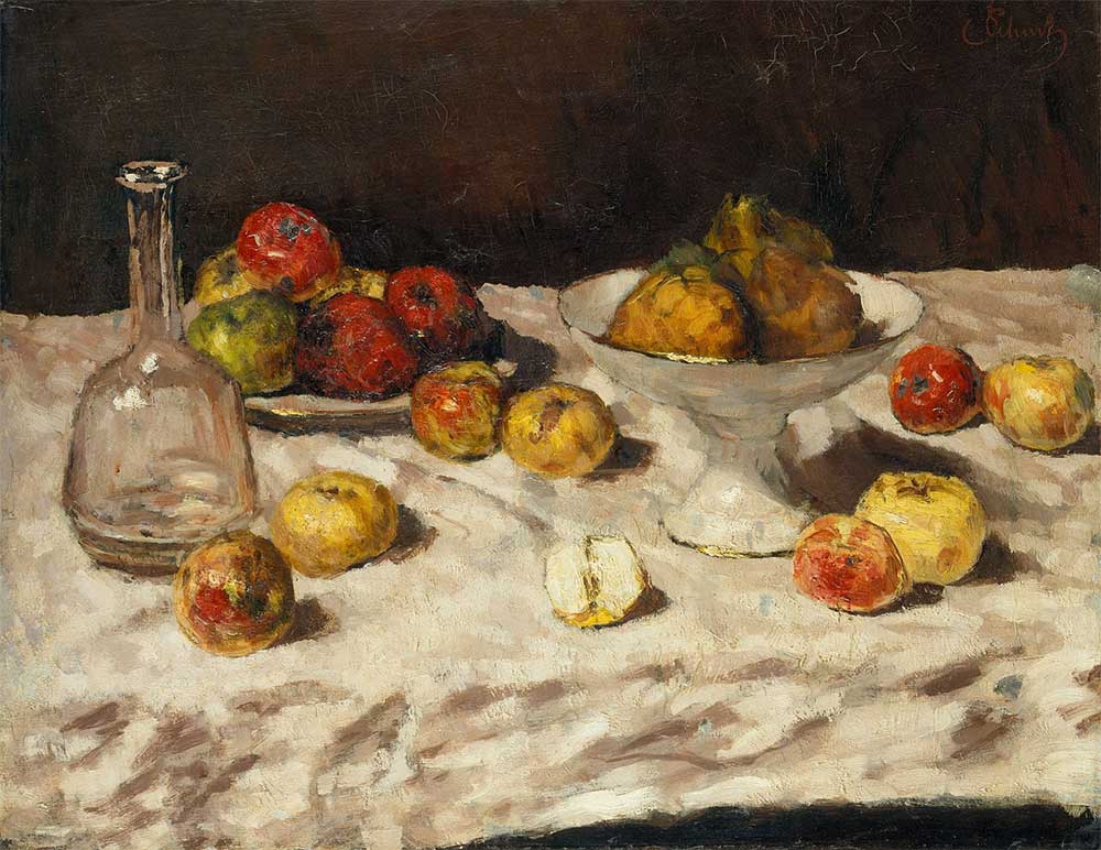 free vintage still life painting by Carl Schuch entitled “Still Life with Apples Pears and a Carafe”