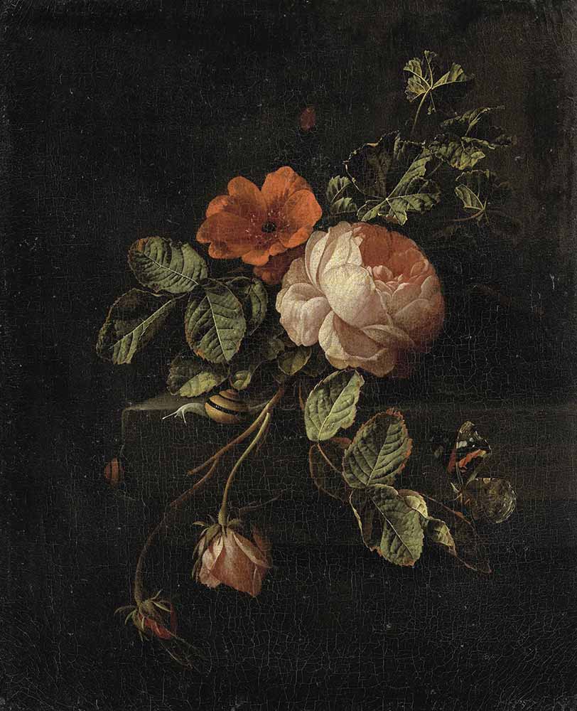 free vintage flower painting by Elias van den Broeck entitled “Stilleven met rozen (still life with roses)”