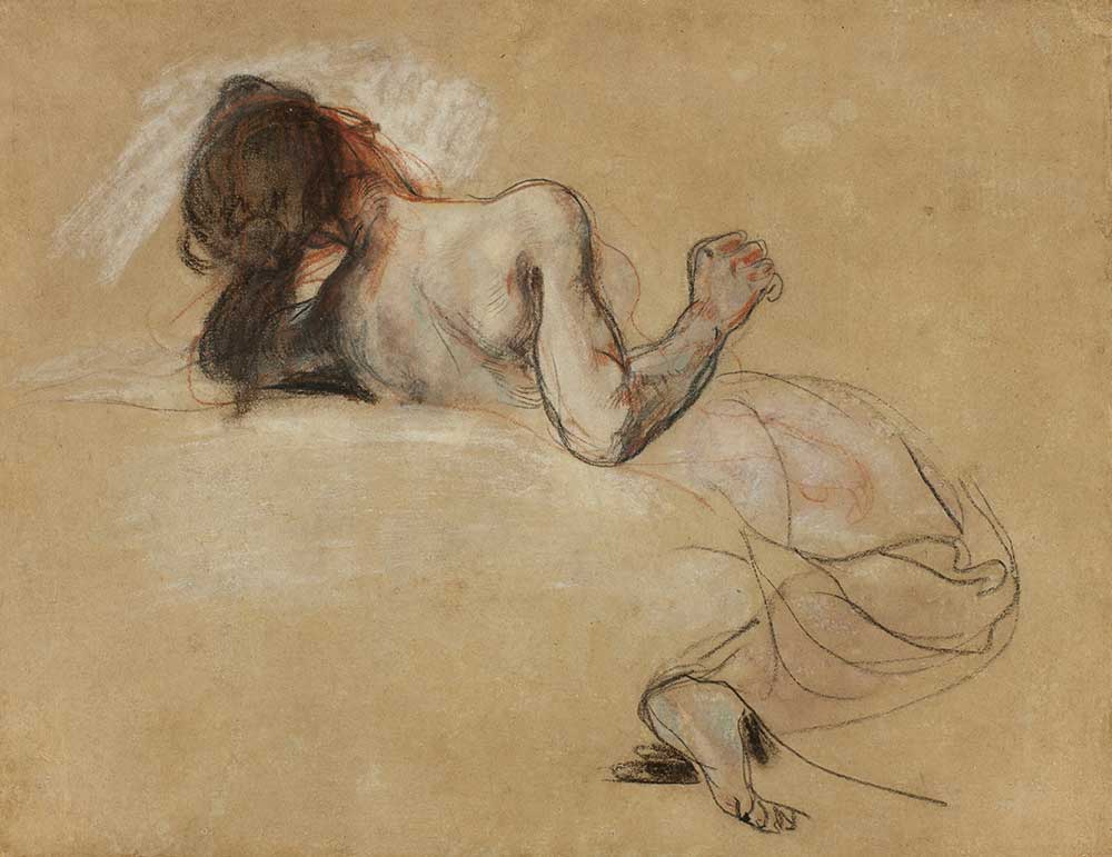 free vintage art female sketch drawing by Eugène Delacroix “Crouching Woman”
