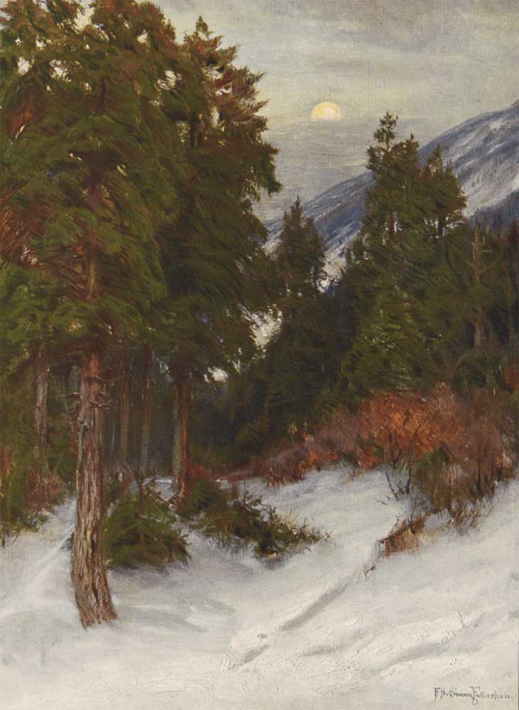 free vintage winter landscape painting by Franz Fallersleben entitled “Winter evening in Karkonosze”