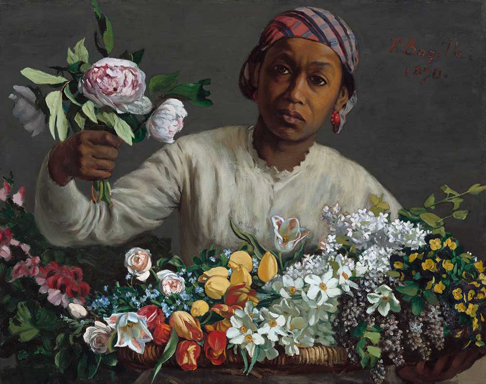 free vintage art portrait painting by Frédéric Bazille entitled “Young Woman with Peonies”