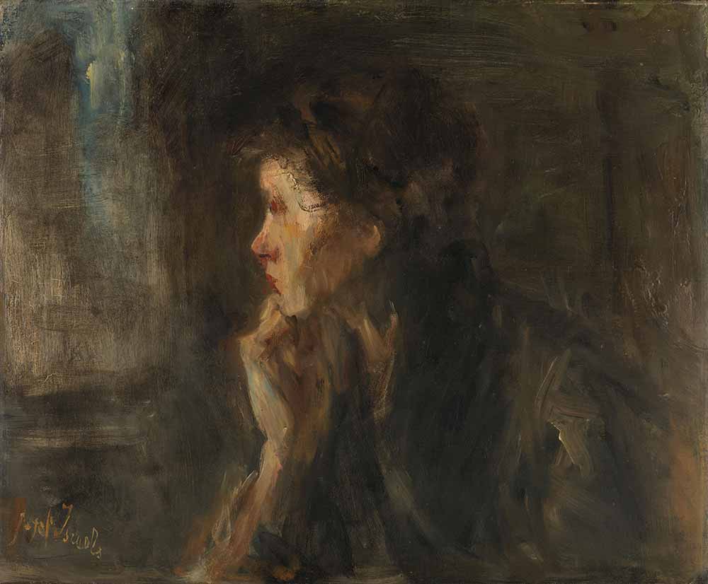 free vintage portrait painting of a woman by Jozef Israëls entitled “Meditation”