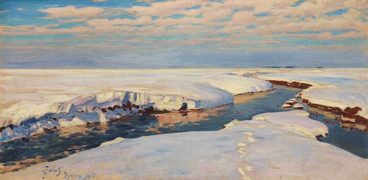 free vintage winter landscape painting by Julian Fałat entitled "Winter Landscape"