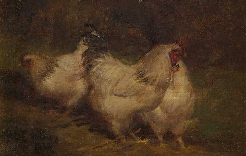 free vintage farm animal painting of chickens by Paul E. Harney entitled “Three Chickens”