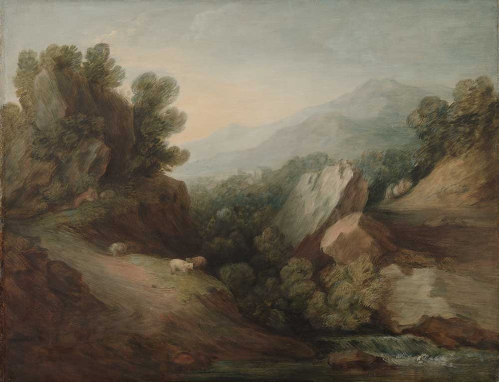 Free vintage landscape art by Thomas Gainsborough entitled  “Rocky, Wooded Landscape with a Dell and Weir”