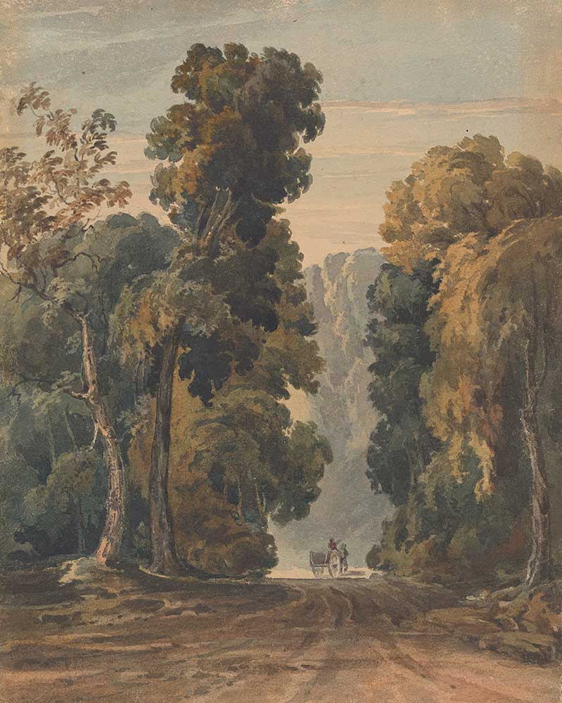 free vintage watercolor landscape art by Thomas Sully entitled “Horse, Cart and Driver on Wide, Tree-lined Lane”