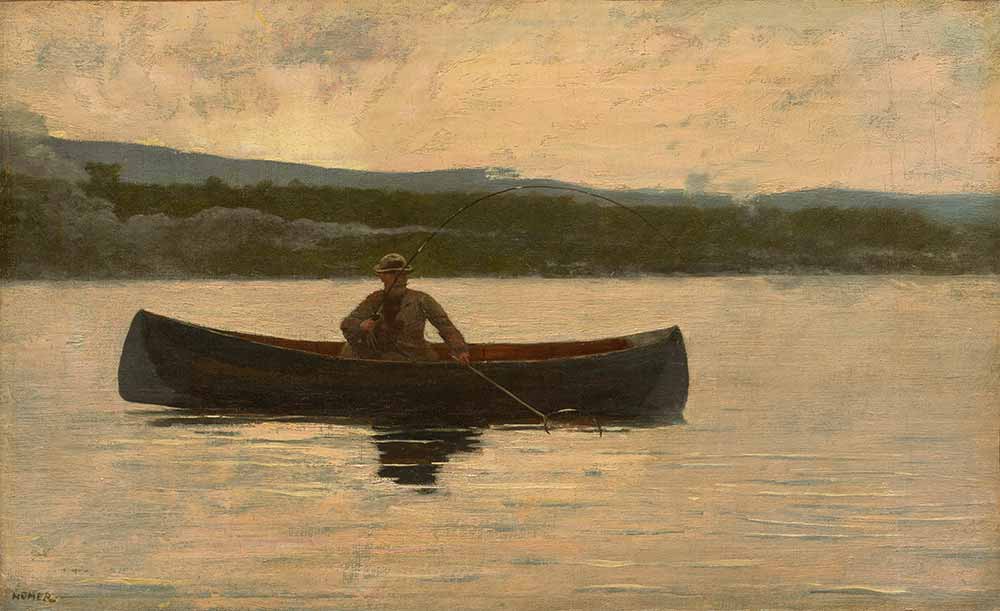free vintage fishing painting by Winslow Homer entitled "Playing a Fish"