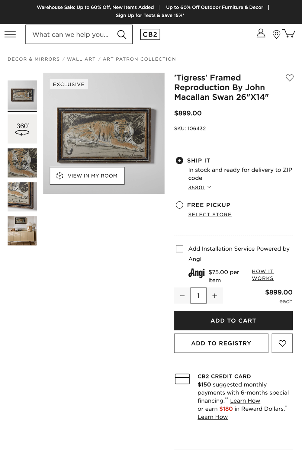 Side-by-side comparison of CB2’s framed art listing and the original public domain artwork from the Rijksmuseum.