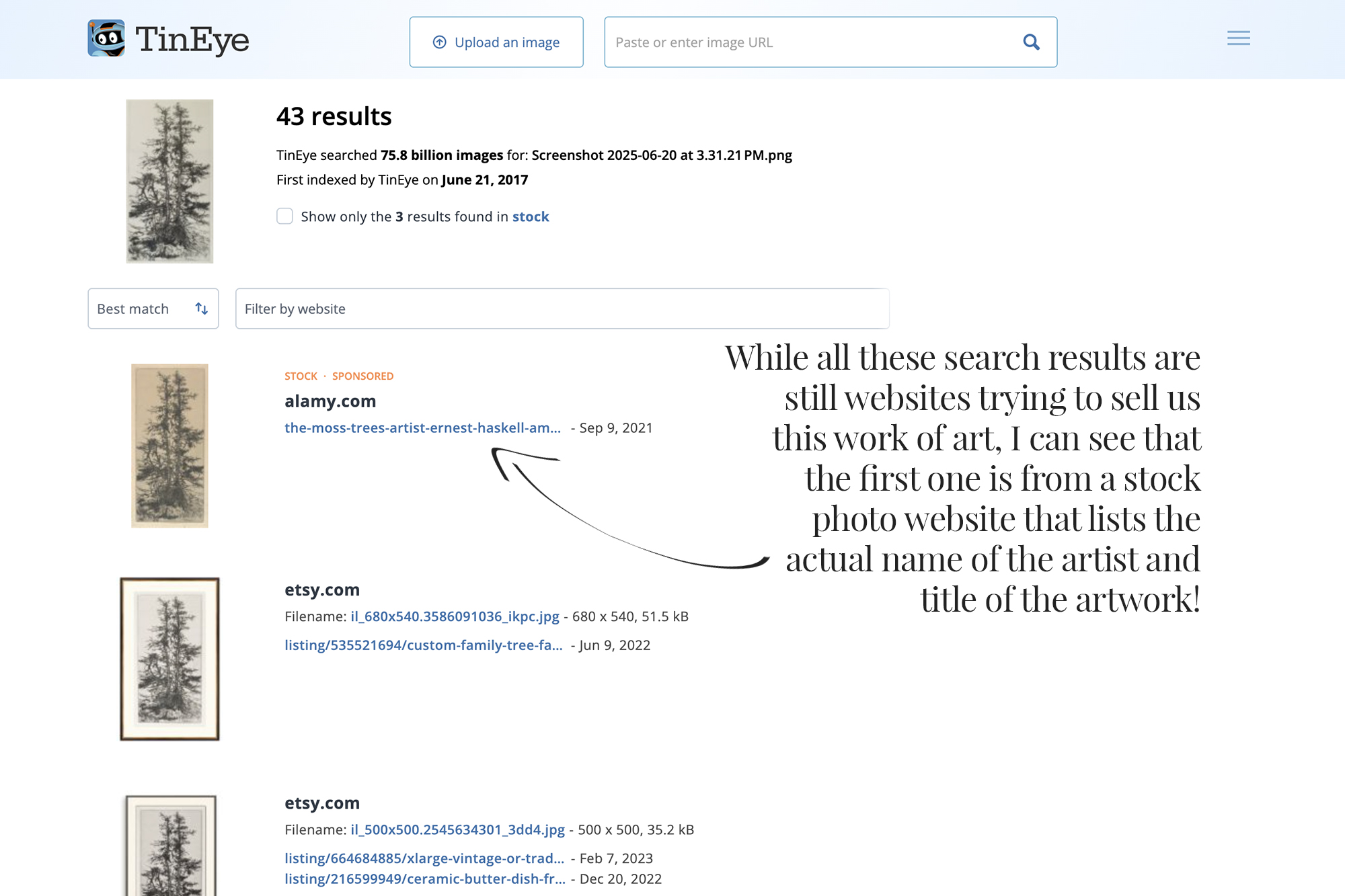 Tineye.com reverse image search example for public domain art