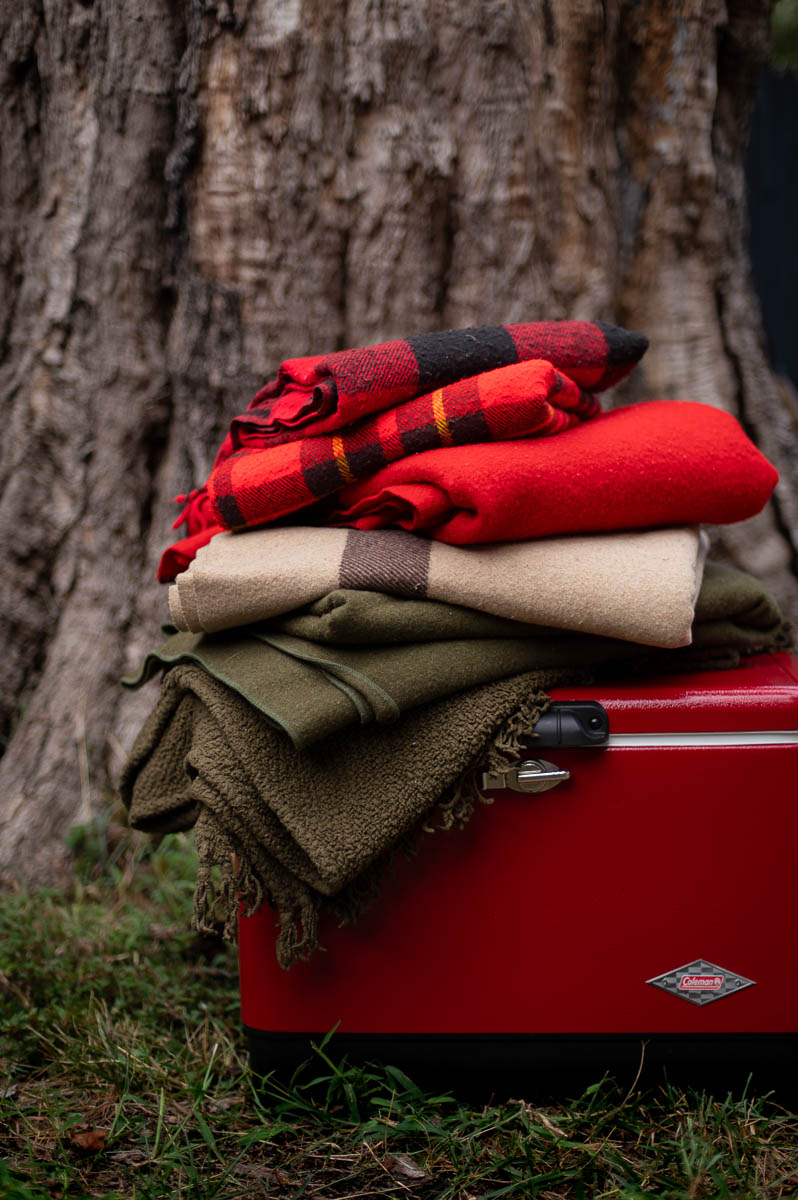 Cozy fire pit party decor with thrifted camp gear and plaid blankets – perfect for a fall bonfire night party.