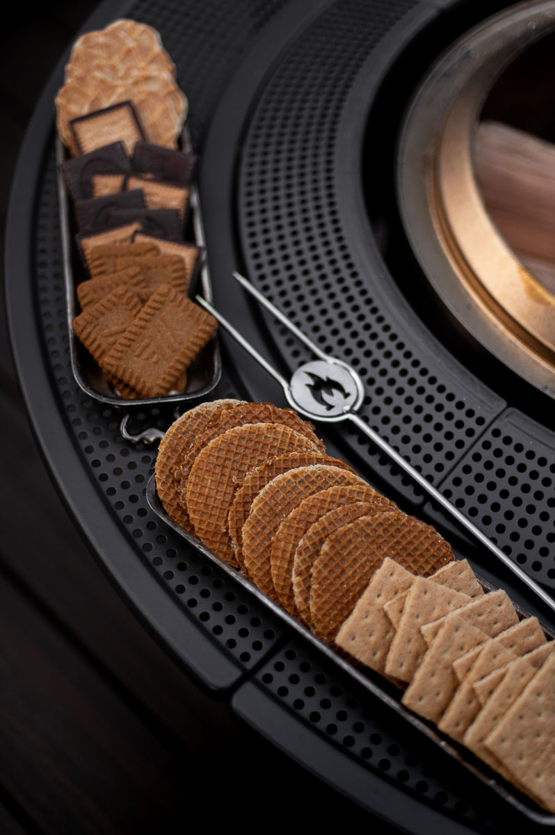 Sweet s’mores party spread on a vintage silver platter creating a beautiful s’mores charcuterie board.