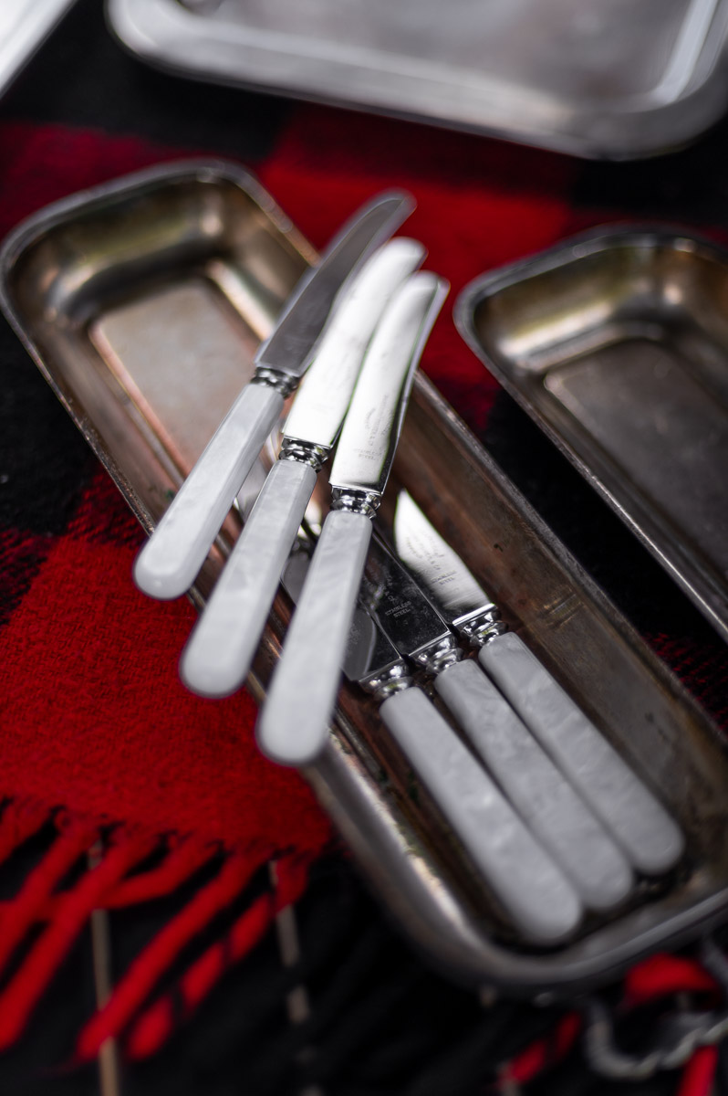 Long skinny silver serving platters with silver butter knives displayed on plaid blanket – creative vessels for sweet and savory s’mores ingredients.