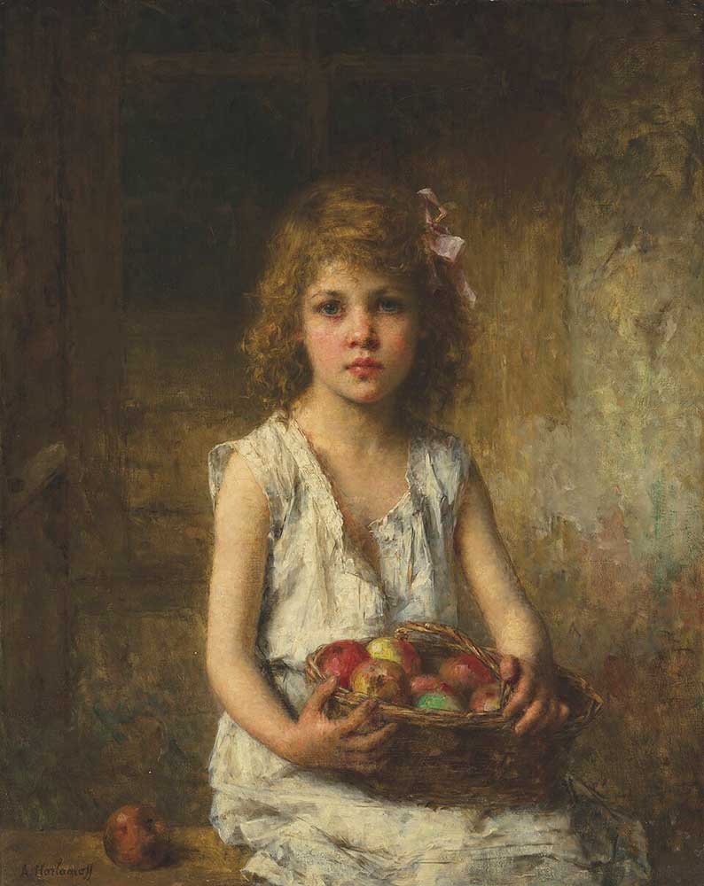 fall portrait painting by Alexei Harlamov entitled "Young girl with a basket of apples"