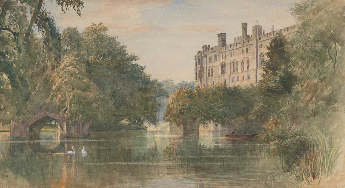 free vintage english country house watercolor art of warwick castle