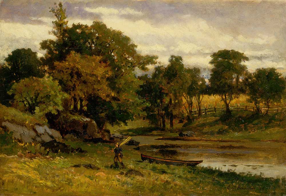 free vintage fall landscape art with fishing boat by Edward Mitchell Bannister entitled "Untitled (landscape, boat moored near stream, man walking in foreground)"