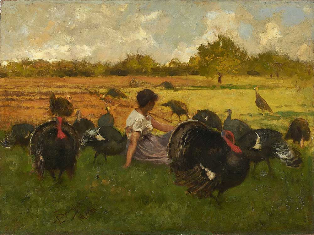 vintage Fall portrait painting with turkeys by Eugenio Spreafico entitled "The Doomed Ones"