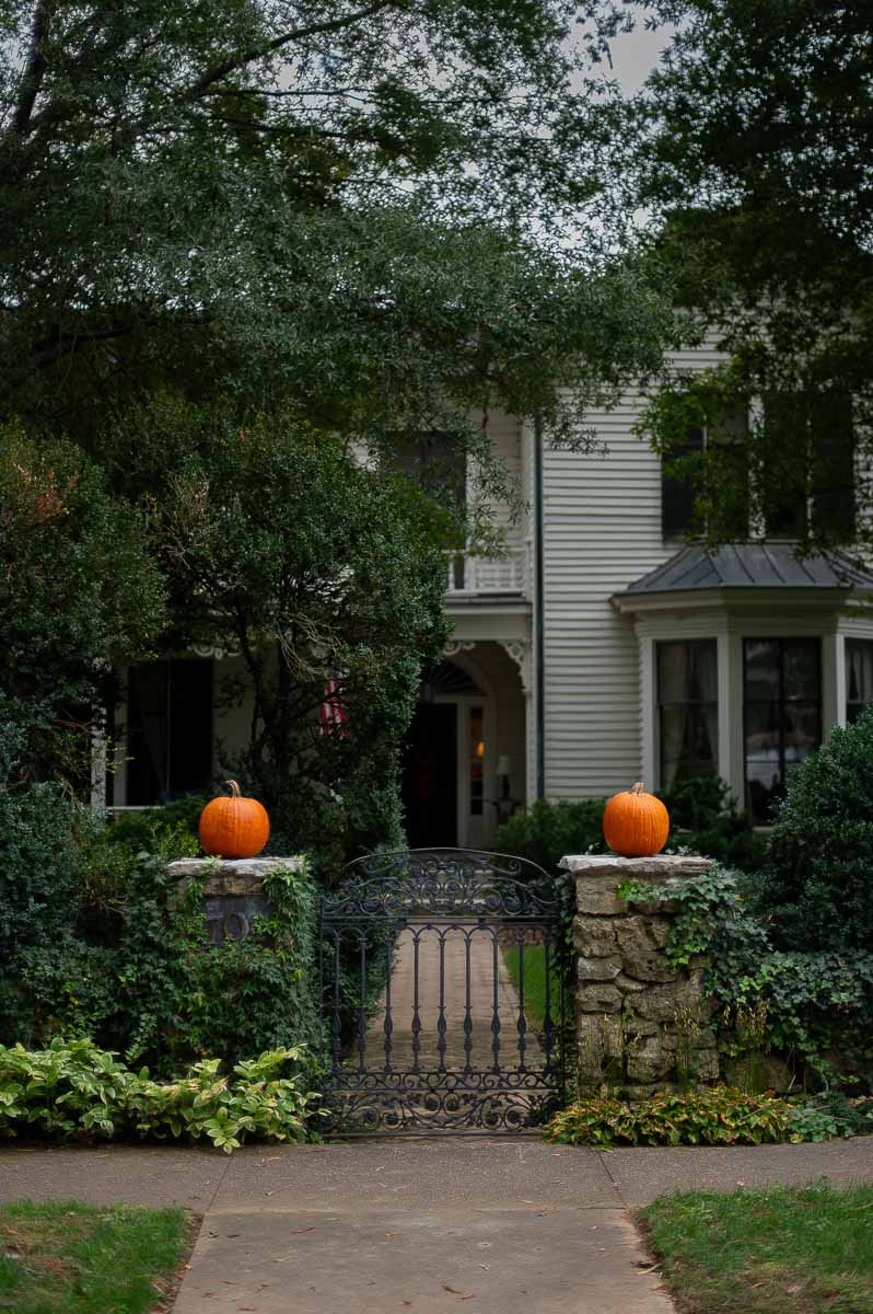 Simple outdoor Fall decor idea showcasing pumpkins placed atop stone gate posts as halloween decor in front of a historic southern home
