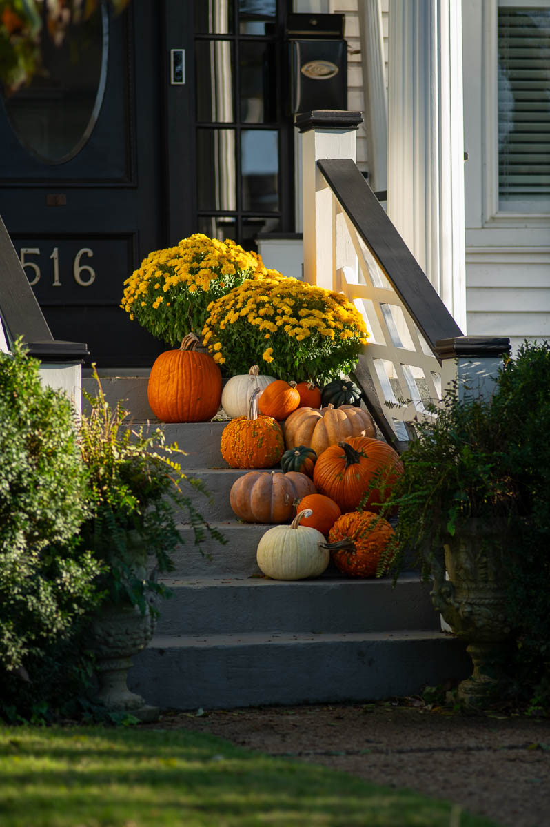 A cascade of fall pumpkins and mums spill down the front steps of a historic southern home as fall porch decor