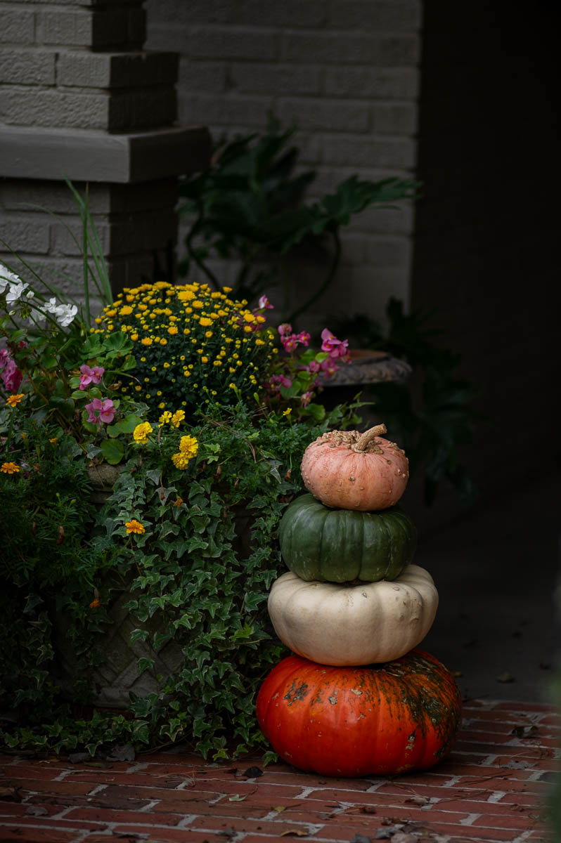 pumpkin decorating on a fall front porch with a colorful stack of pumpkins next to urn of potted flowers