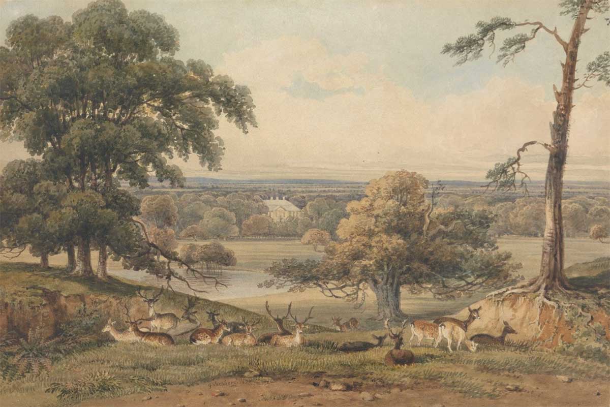 free vintage art watercolor painting of an english country house in the distance with dear sitting on a hill in the estate park in the foreground