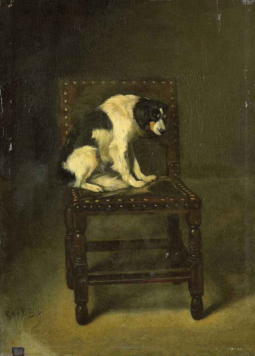 free vintage dog art painting of a dog sitting on a chair
