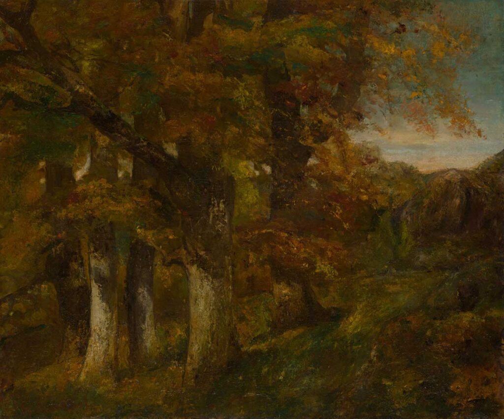 Free vintage autumn painting of fall trees by Gustave Courbet entitled "Wooded Landscape"