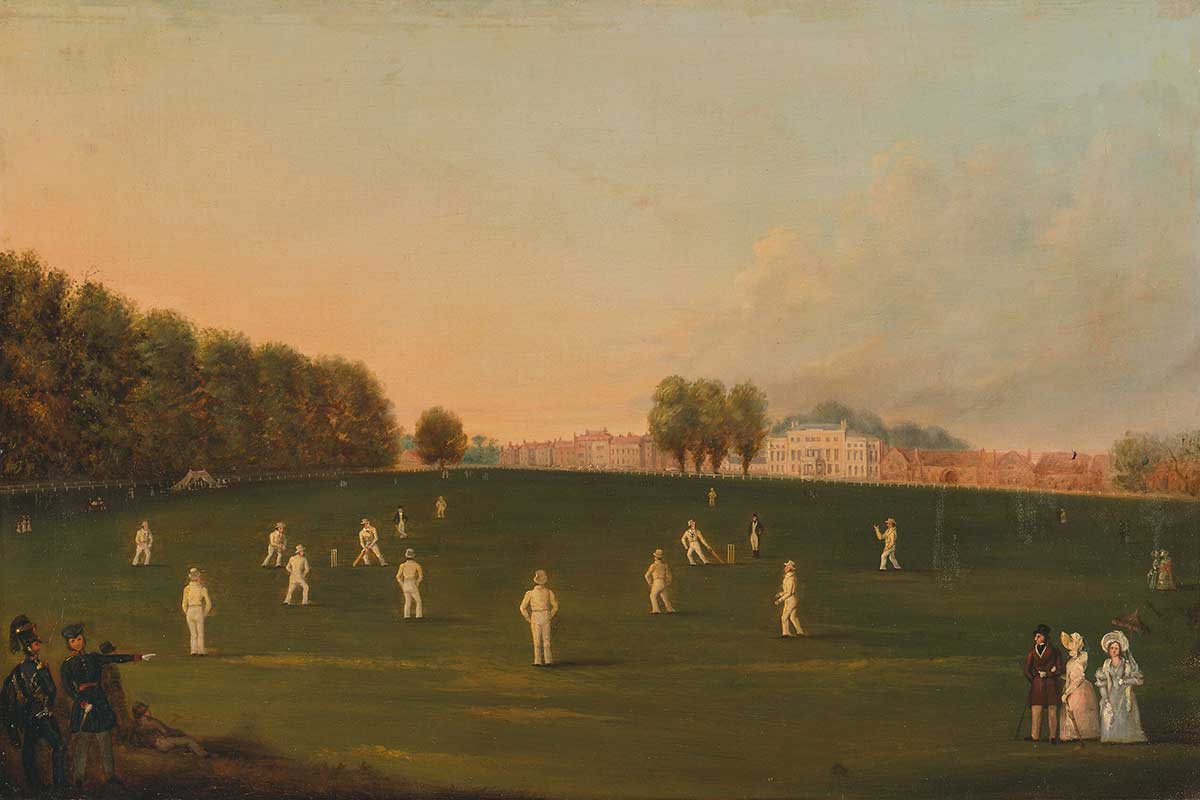 free vintage art of a british cricket match on a green in front of an english country house