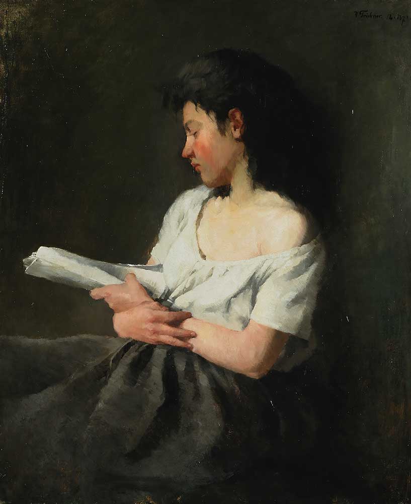 free vintage art download by Wilhelm Trübner entitled “The Reading Girl”