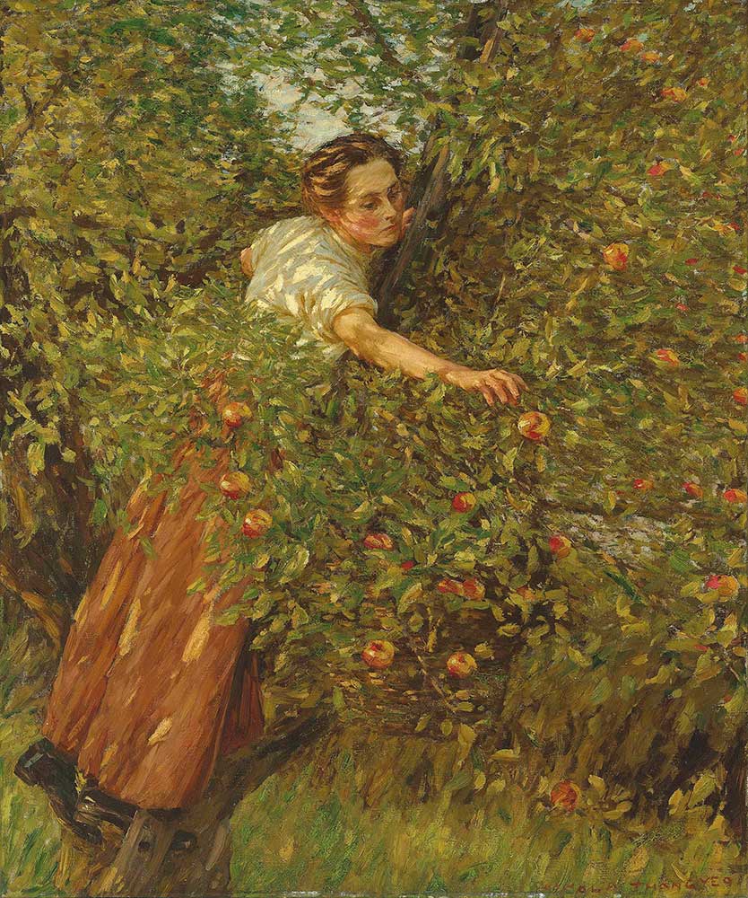 free vintage fall portrait painting of a woman picking apples by Henry Herbert La Thangue entitled  "Sussex Apples"