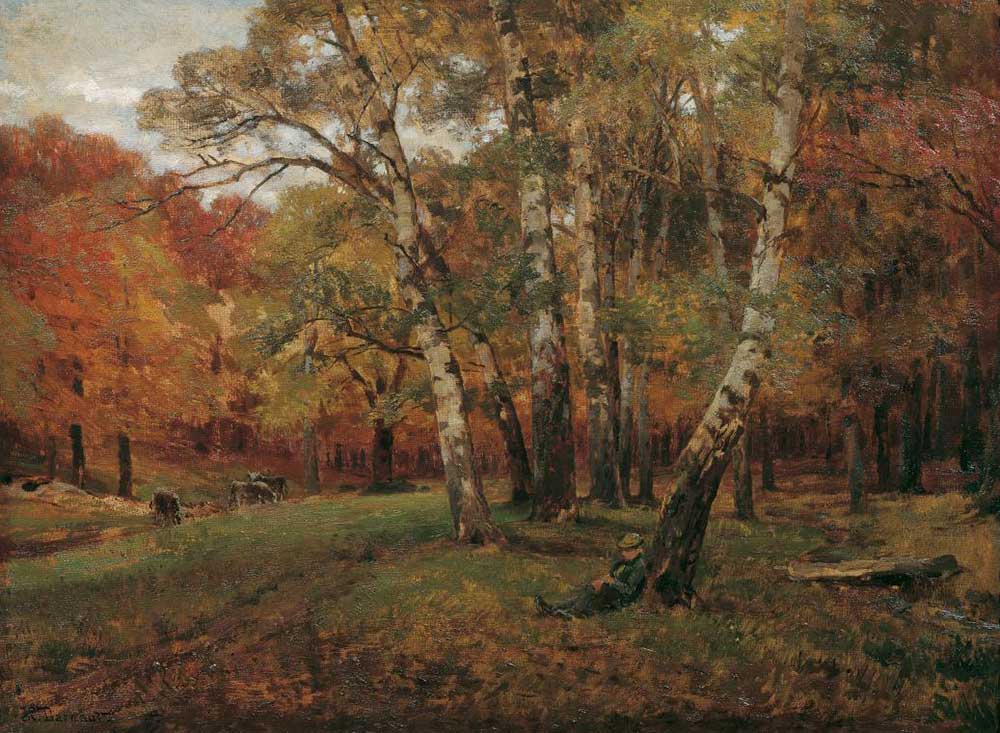 free vintage landscape art painting by Hugo  Darnaut entitled "Landschaft mit Birken (Landscape With Birch Trees)"