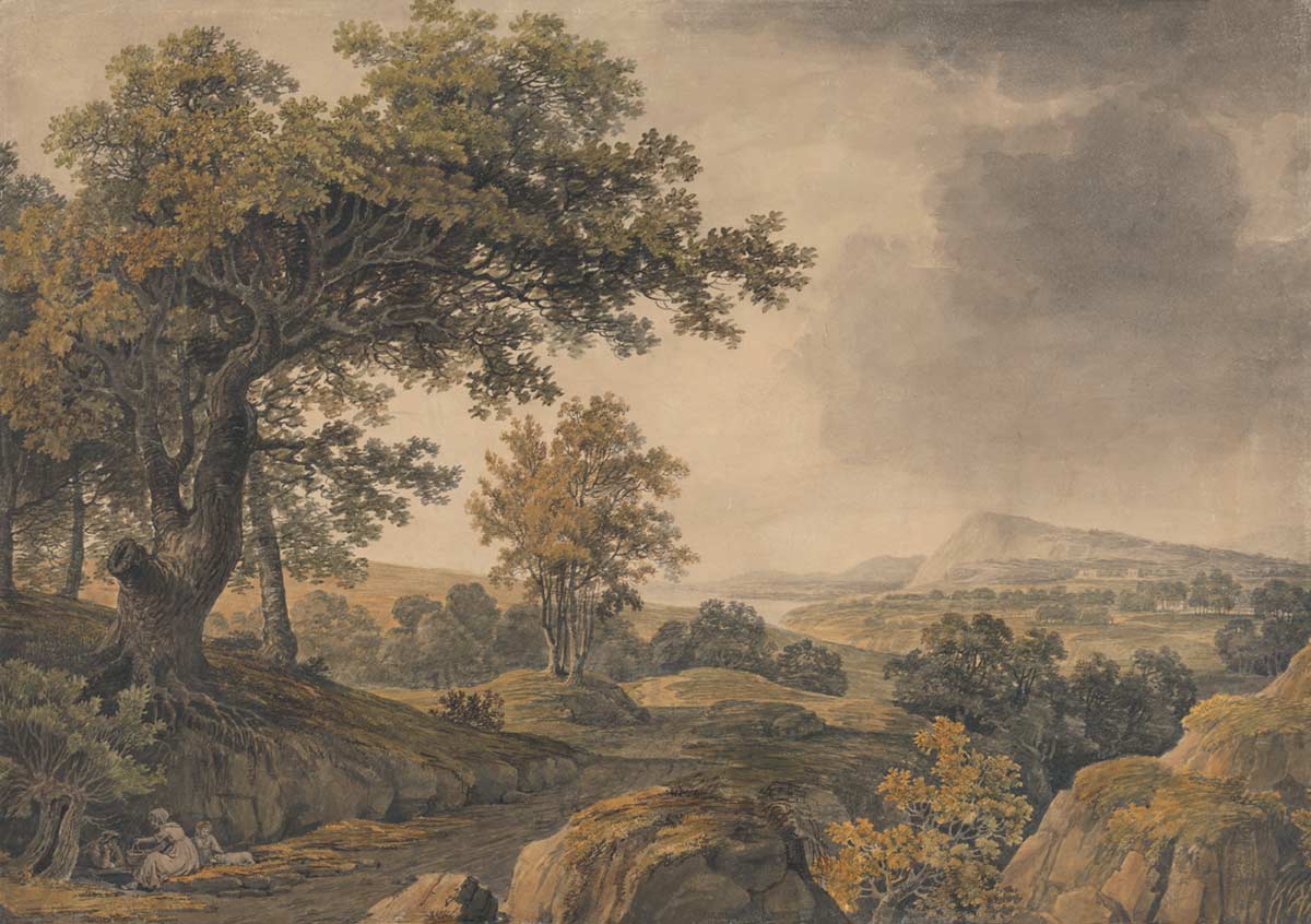 James Baynes “Extensive wooded landscape with figures in foreground left” free vintage landscape watercolor painting