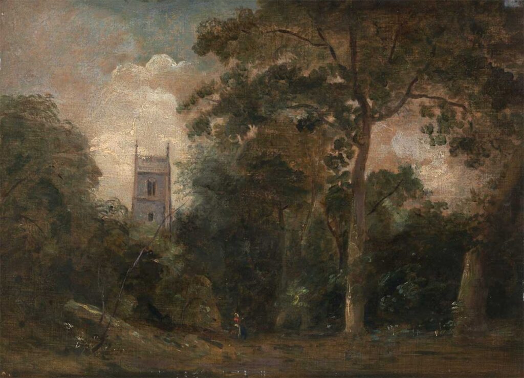 free vintage british painting by john constable showing a church through the trees in the english countryside