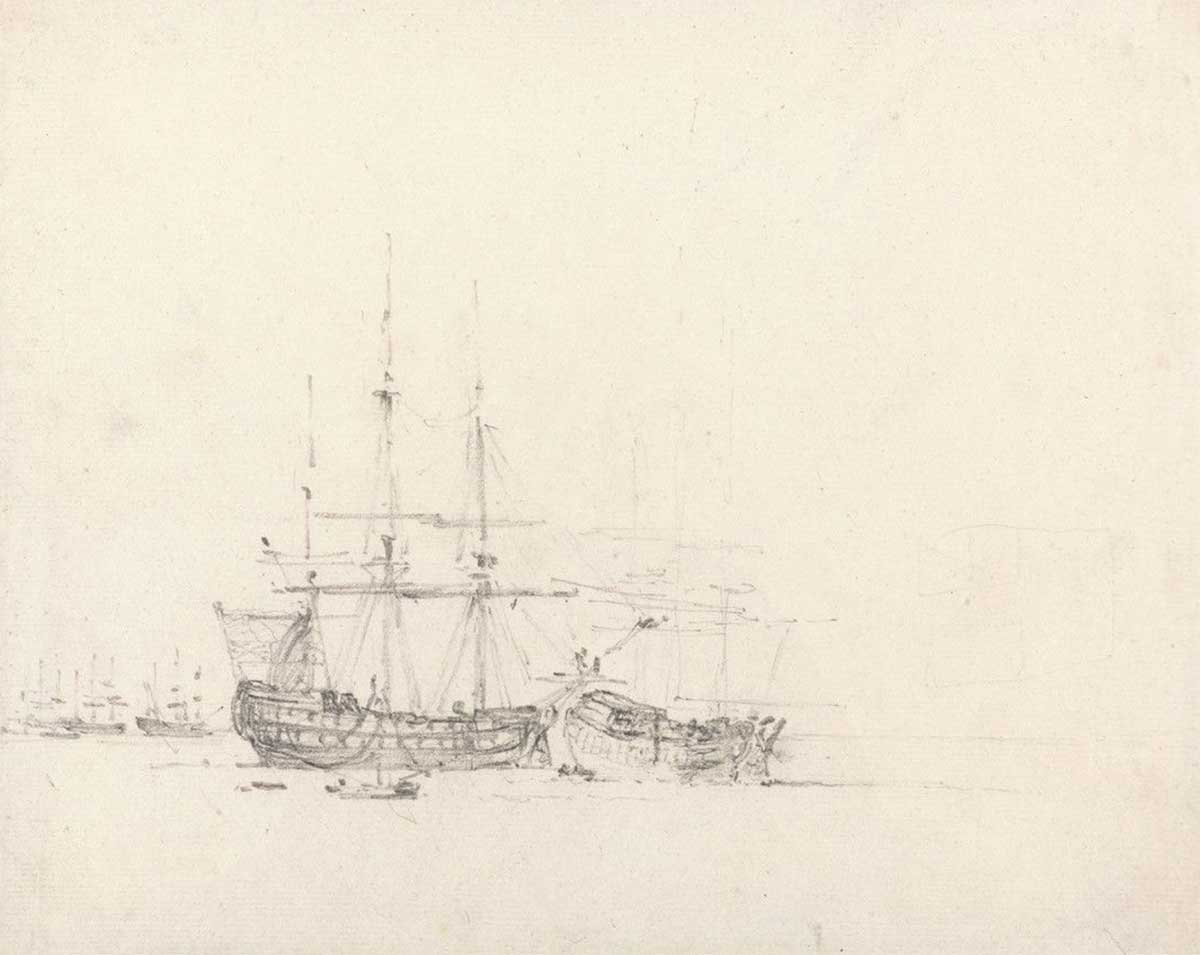 free vintage ship sketch art showing two a english ships at anchor
