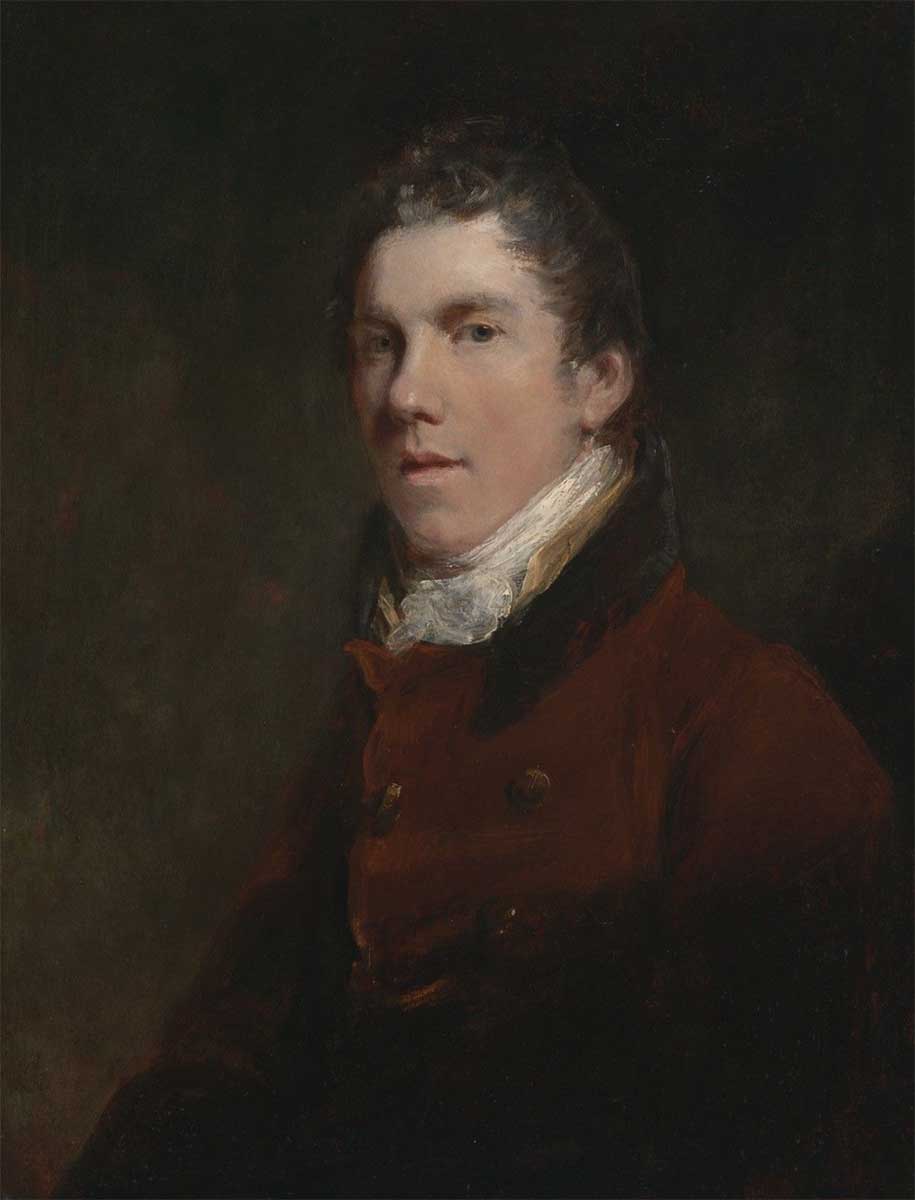 free vintage british portrait painting by John Jackson entitled "Sir David Wilkie" showing a young man in a red coat with a white cravat