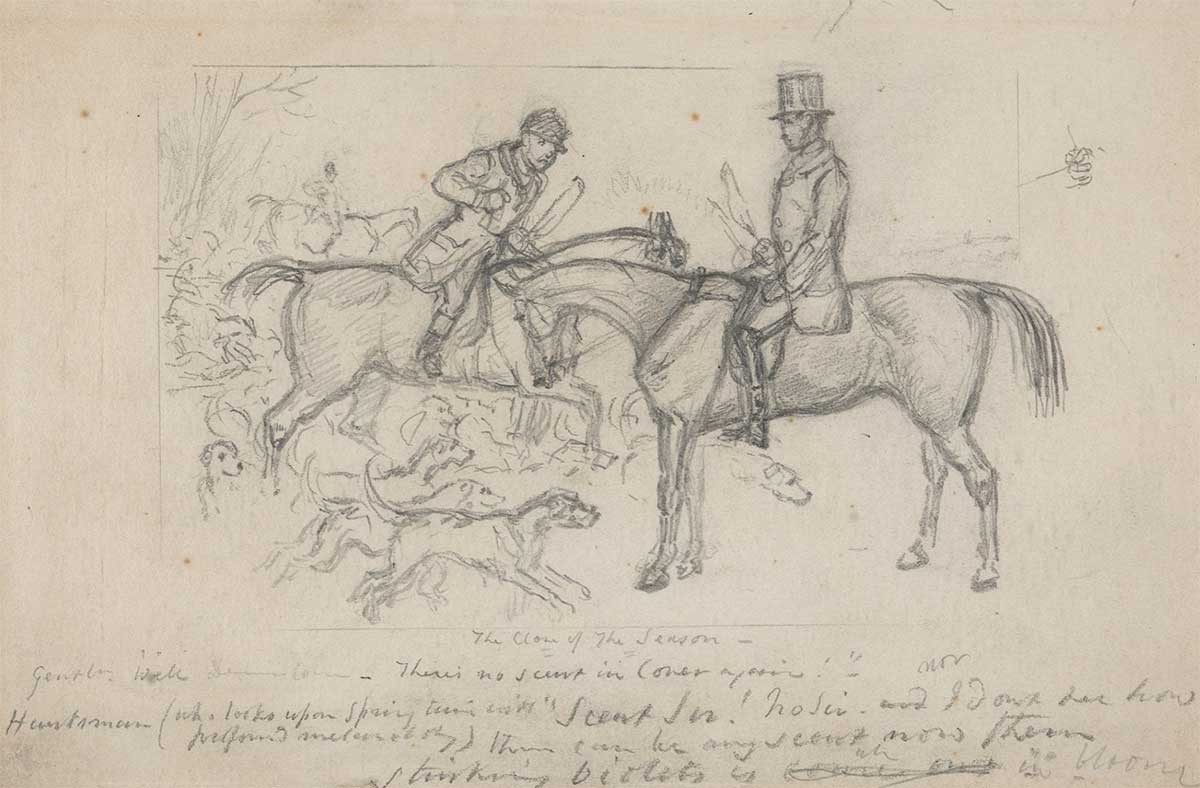 free vintage fox hunt art showing a sketch of two british gentleman on horseback with hound dogs at their feet