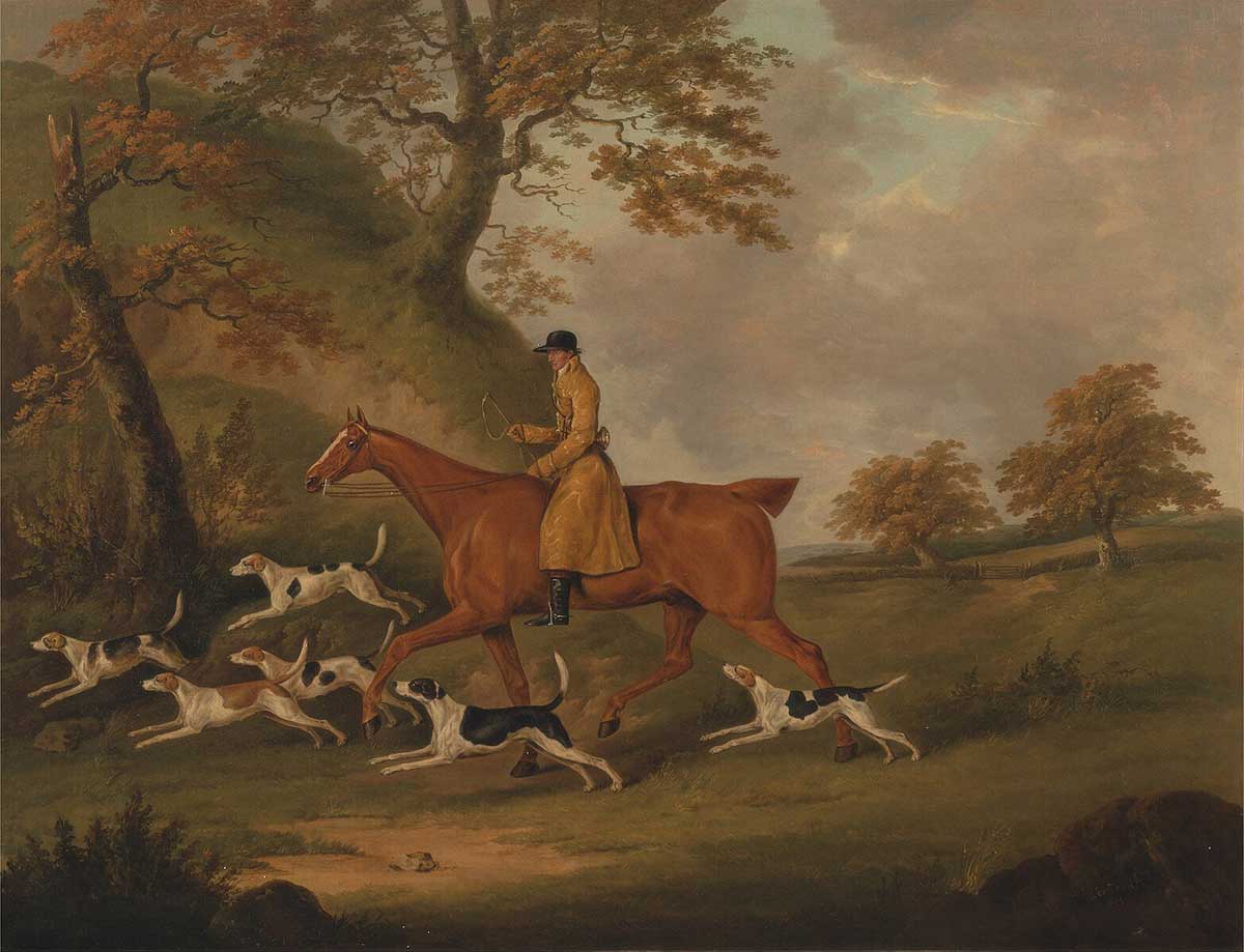 free vintage english country house art ralph lauren painting of an man on horseback riding through the woods with hunting dogs