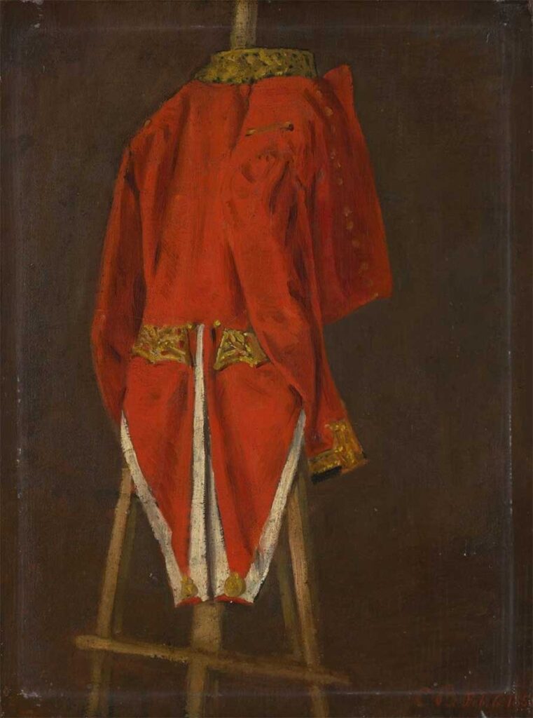 free vintage still life painting of a red british uniform jacket draped on an easel with white and gold trim details