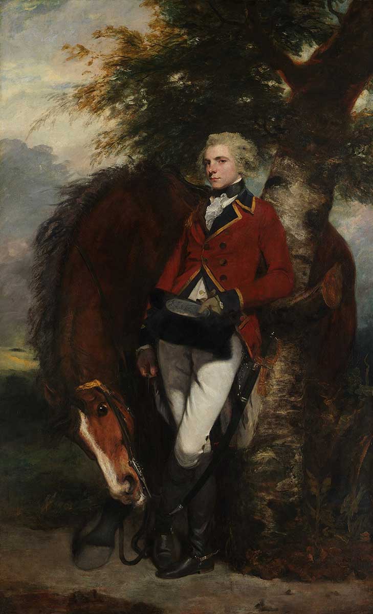 free british portrait painting showing a young english captain next to his horse