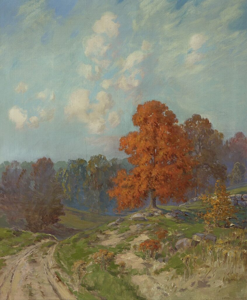Free vintage landscape painting by L. Clarence Ball entitled "The Red Maple"