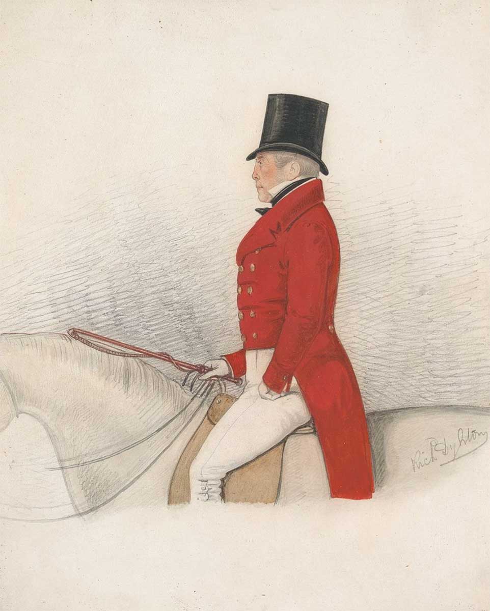 free vintage art english fox hunting art of a british gentleman in a red coat and black top hat riding a white horse