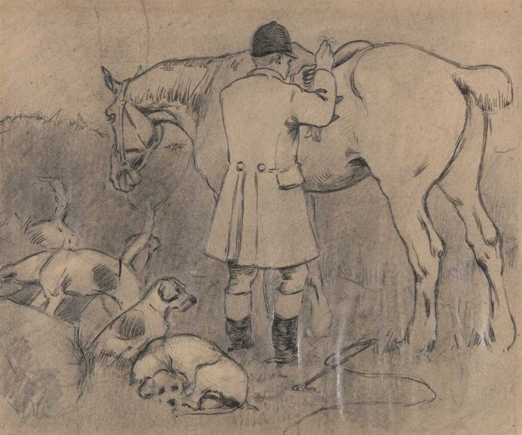 free vintage fox hunt sketch art of a british gentleman saddling his horse with hound dogs next to him