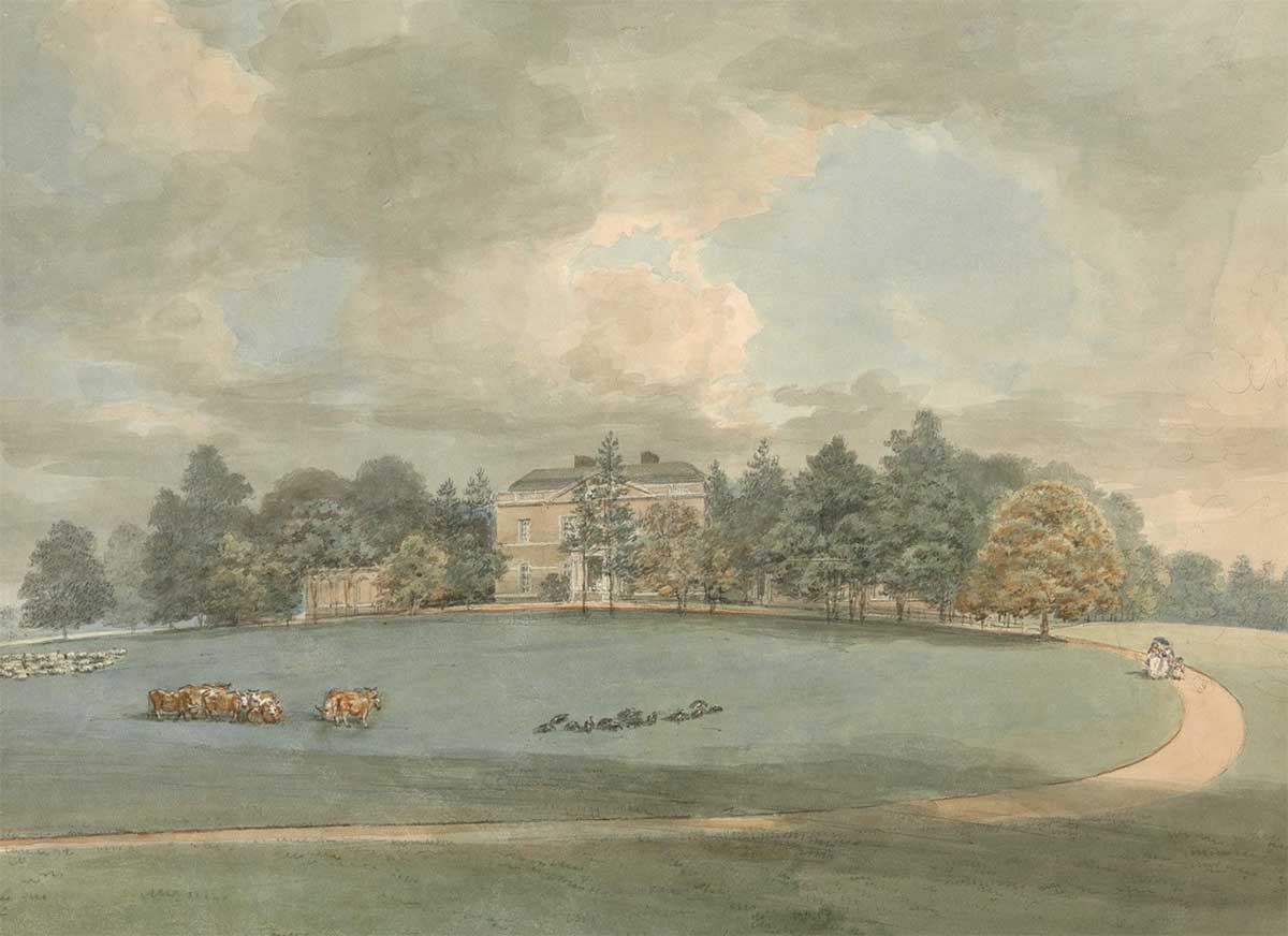 free vintage art watercolor painting of an english country house with a circular drive