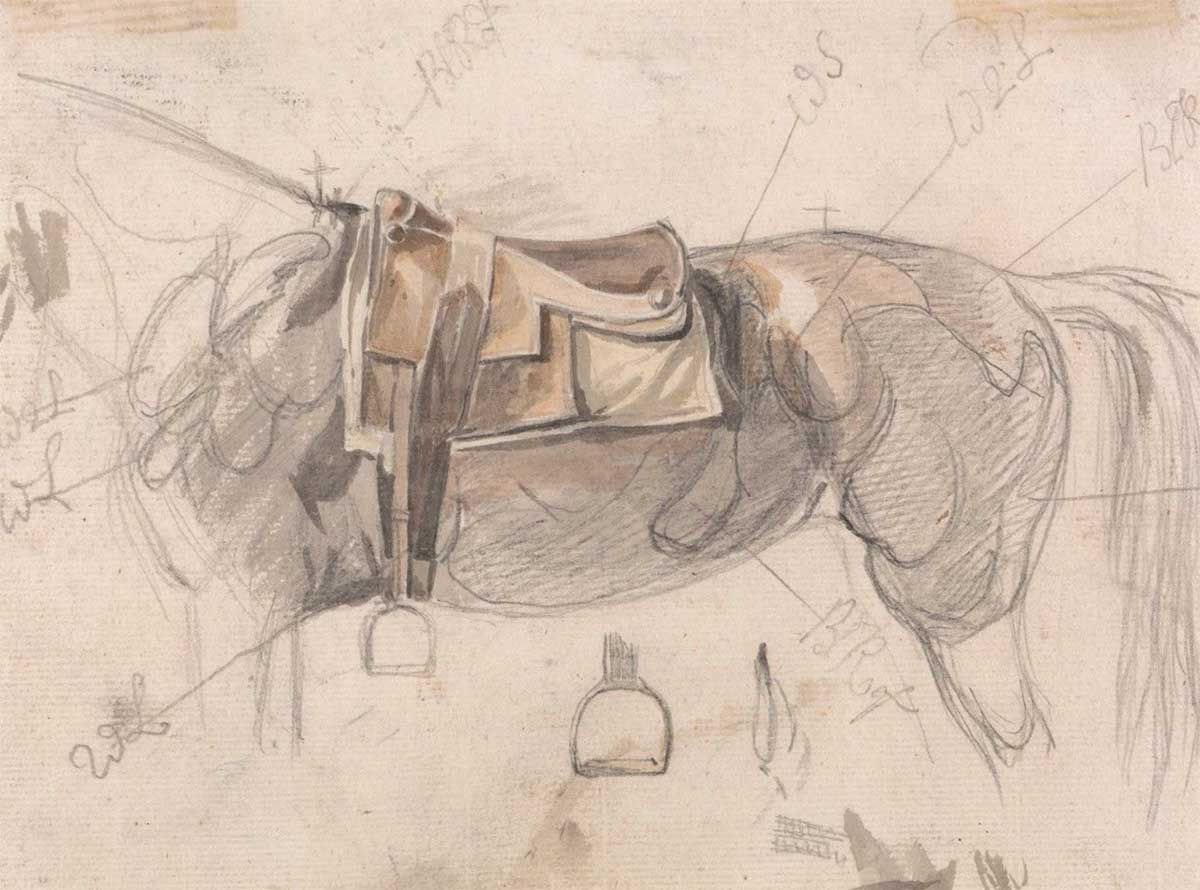 free vintage horse art of a old sketchbook drawing of an english saddle