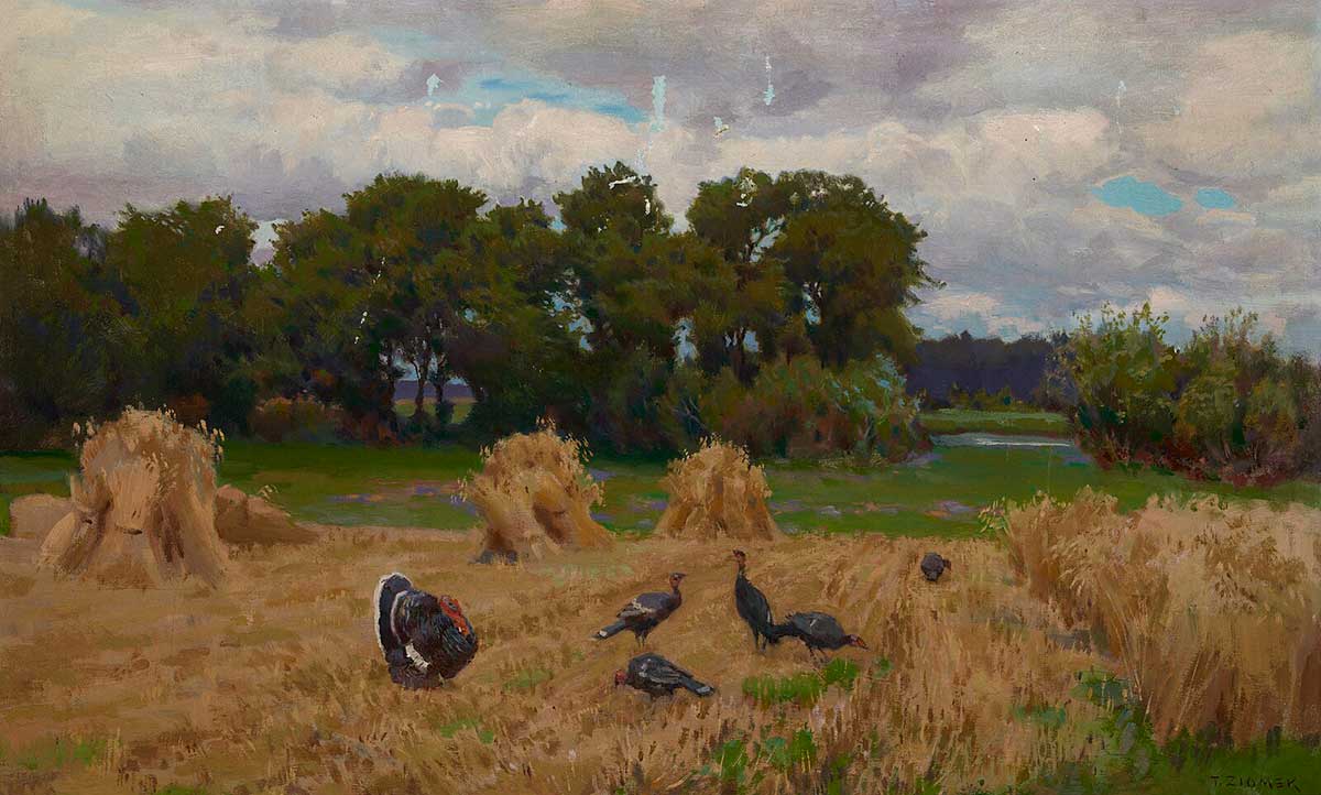 vintage Fall Landscape painting with turkeys by Teodor Ziomek entitled "Harvest"