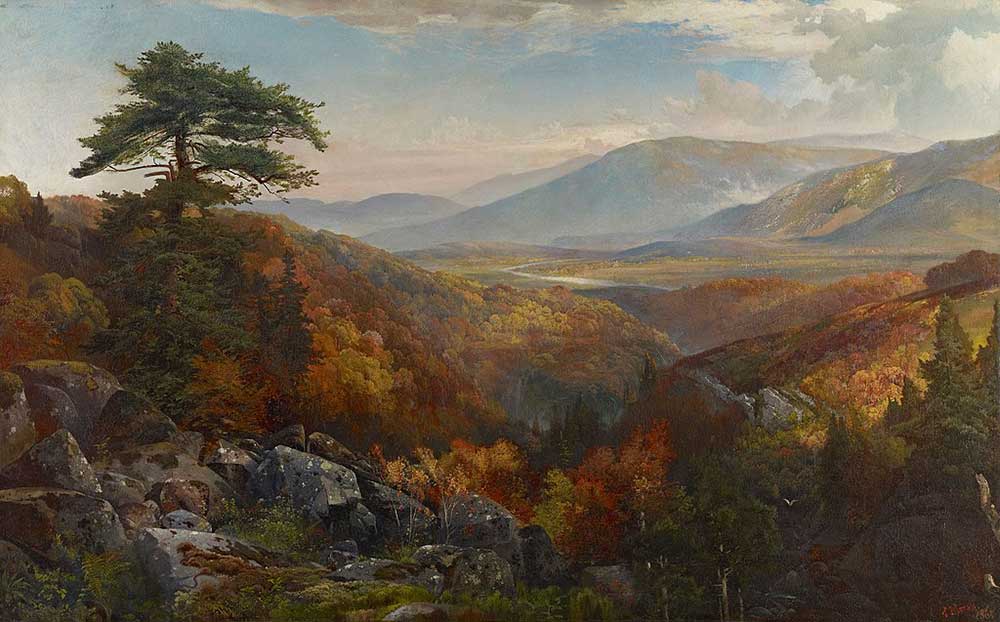 free vintage fall landscape painting by Thomas Moran entitled "Valley of the Catawissa in Autumn"