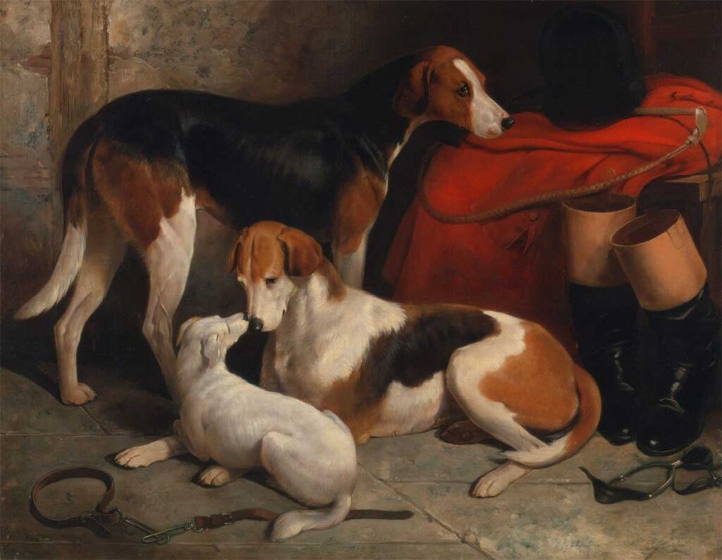 free vintage dog painting showing foxhounds and a terrier in a tack room