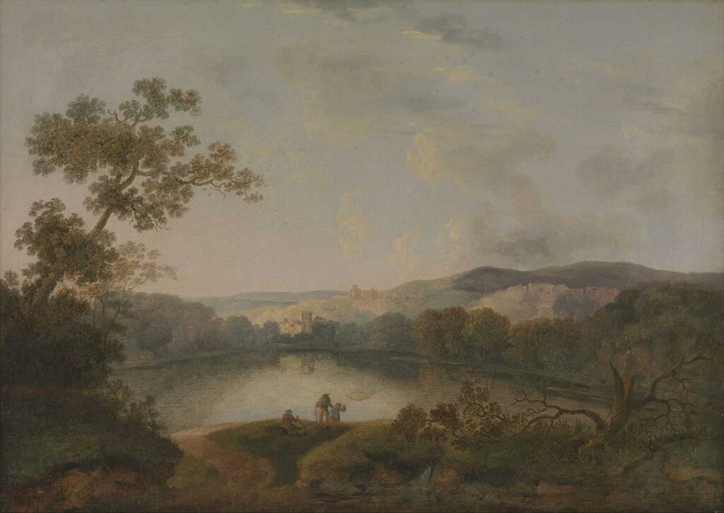 free vintage art of an english landscape painting showing a lake with a manor house in the distance and two people fishing