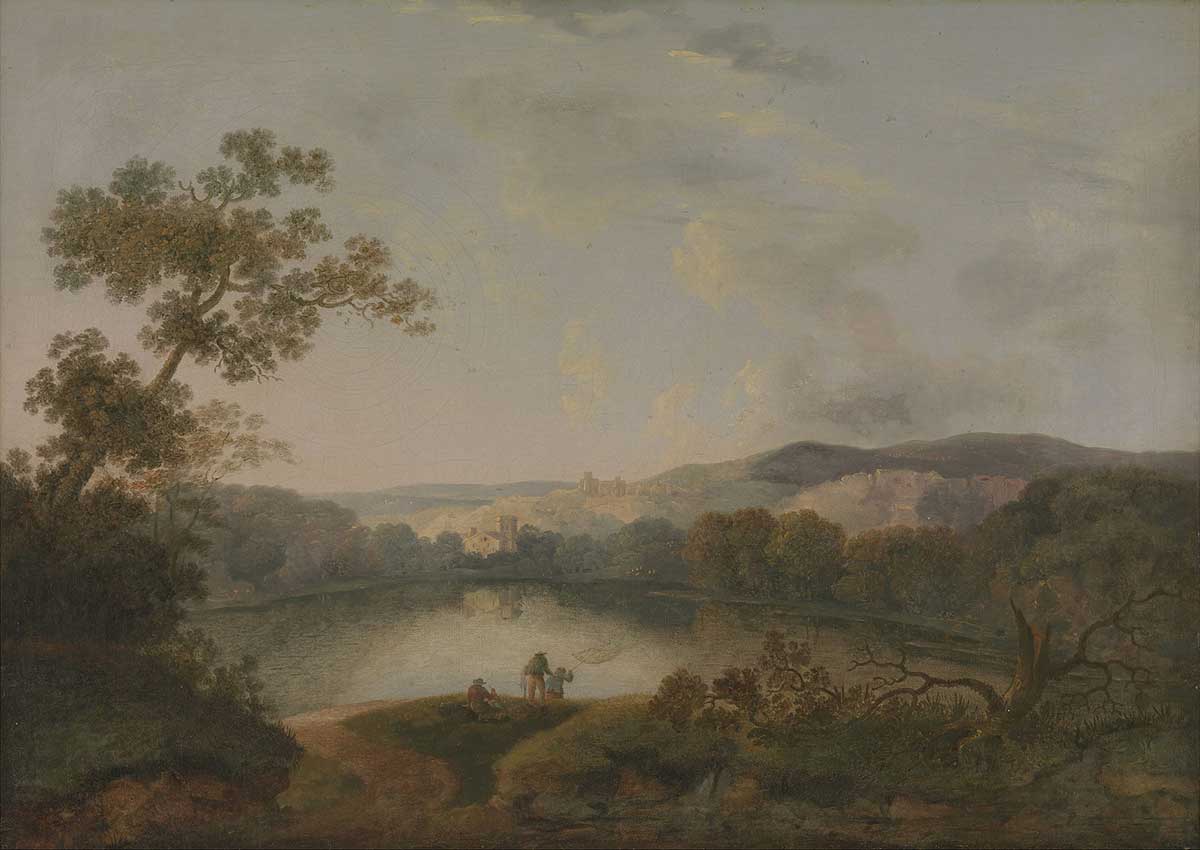 free vintage art of an english landscape painting showing a lake with a manor house in the distance and two people fishing